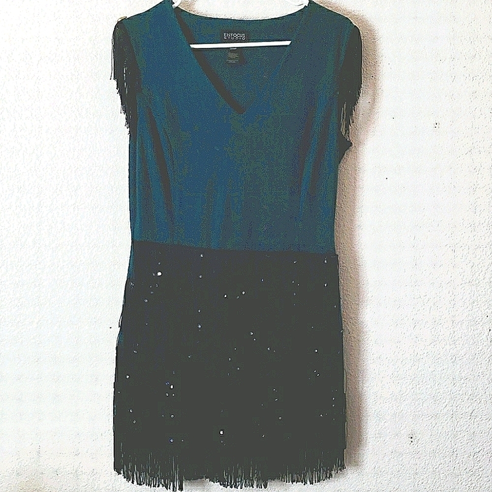 EnFocus Studio Dress Green w/Fringe and Sequins Size M